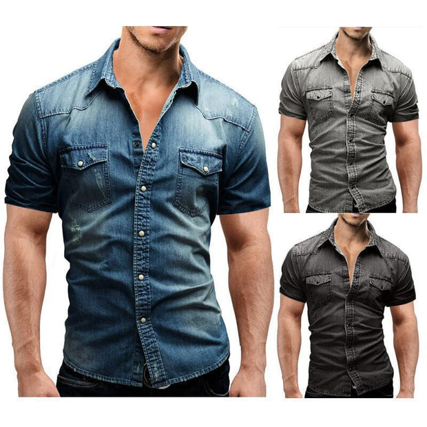 Men Denim Short-sleeved Slim Shirt Shirt