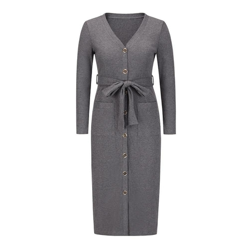 Women V Neck Button Long Sleeve Casual Dresses