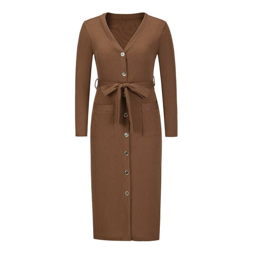 Women V Neck Button Long Sleeve Casual Dresses