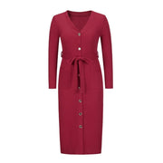 Women V Neck Button Long Sleeve Casual Dresses