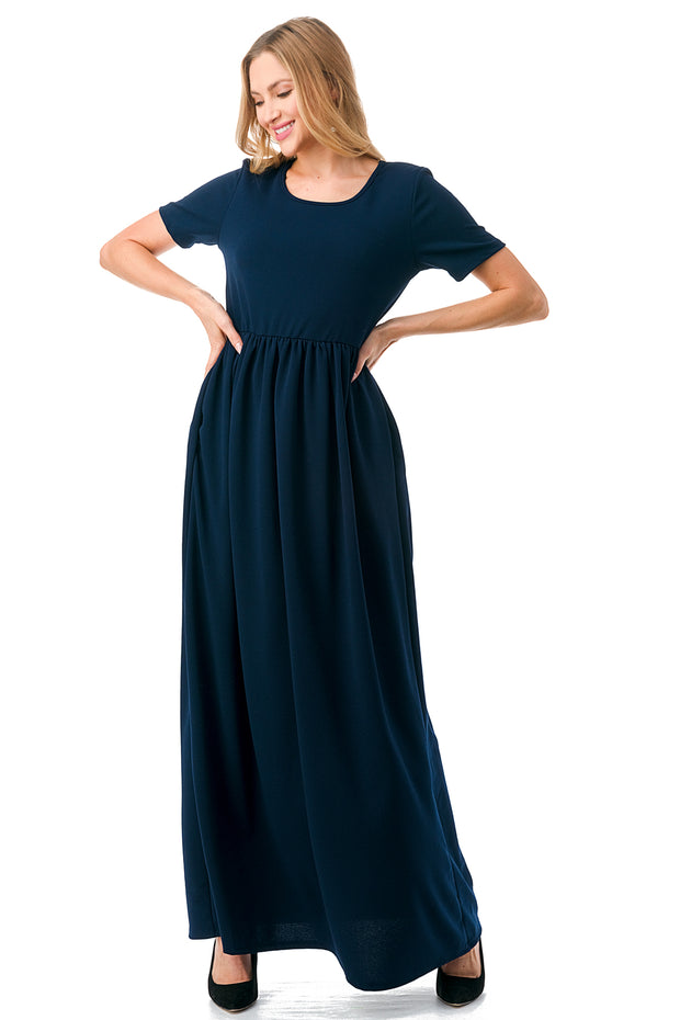 Solid Maxi Dresses with cinched waist and pockets. 1101S